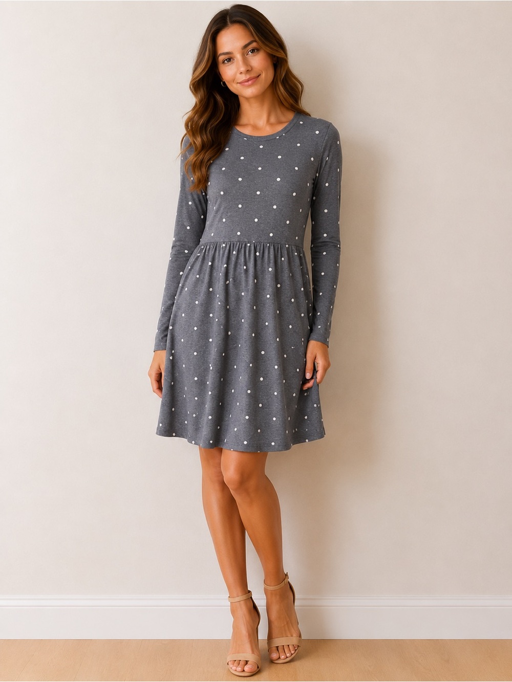 Women's Gray Polka Dot Long-Sleeve Dress